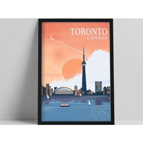 Canadian Travel Advertisement Poster, Toronto Canada Space Needle Skyline Prints Art, Urban Landscape Wall Picture, Tour Gift