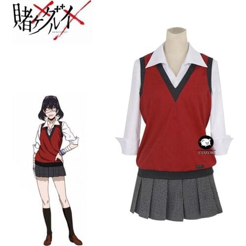 Anime Kakegurui Midari Ikishima Cosplay Wigs Costumes School Girls Uniforms Vest Dress With Eye Mask&Socks