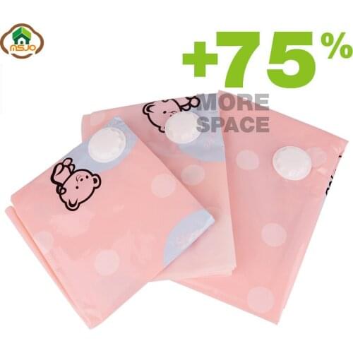 Msjo Vacuum Bag for Clothes Pink Cartoon Bear Foldable Vacuum Storage Bag Extra Large Compressed Organizer Saving Space Seal Bag