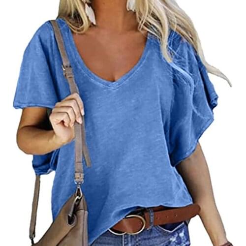 2021 New Summer Womens Tops V-Neck Solid Color Short Sleeve Casual Loose ComfortableNew Femme T-Shirt