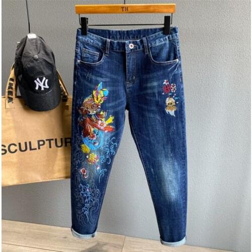 Original design mens jeans embroidered fashion new american style 2 color small straight trousers stretch carp slim pants blue