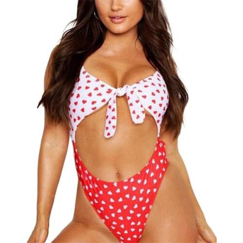 Sexy Women Monokini Swimsuit Bathing Suit Ladies Front Lacing-up Bikini Love Heart Stitching Swimwear Sling Bra Thong Swimsuit