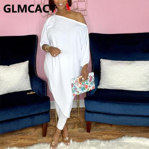 Two Piece Casual Solid Suits Long Sleeve Skew Neck Irregular Shirt Top & Skinny Pants Set