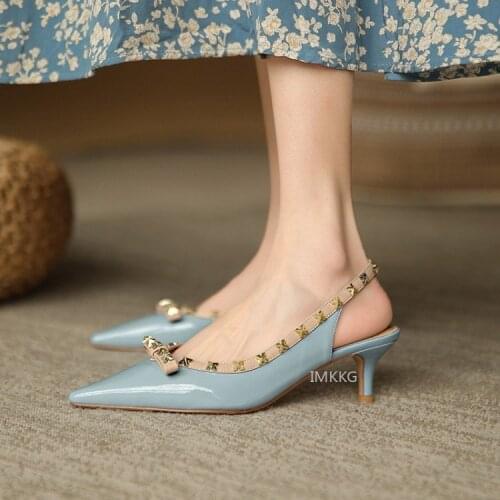 Women Rivet Sandals Slip On PU Woman Summer Bowtie Pointed Toe Thin Kitten Heels Female Sexy High Heels Bridesmaid Blue Shoes