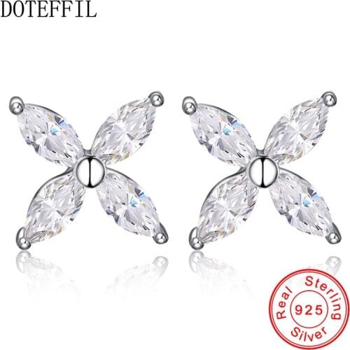 DOTEFFIL Cute 925 Sterling Silver Four Petals AAA CZ Small Clover Stud Earrings For Women Girls Children Girls Kids Jewelry
