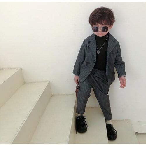 Spring Autumn 2021 New Baby Boy Gentleman Suit Striped Suit Jacket + Pants Two-Piece Childrens Casual Fashion Buttons Suit
