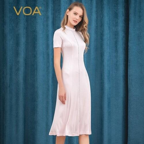 VOA light pink heavyweight silk short sleeve half high collar fish tail splicing waxy soft comfortable fit elastic dress A10583