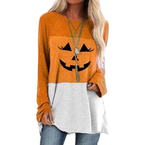 Plus Size S-5XL Women Autumn Halloween Festival Long Sleeve Tshirt 2020 New Loose Casual Color Block Long T-Shirt Print Clothing