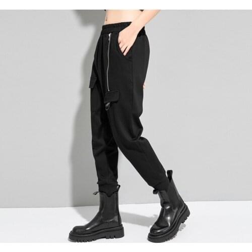 Ladies spring and Autumn new classic black pocket zipper decorative street fashion cool casual oversized stretch Harlan pants