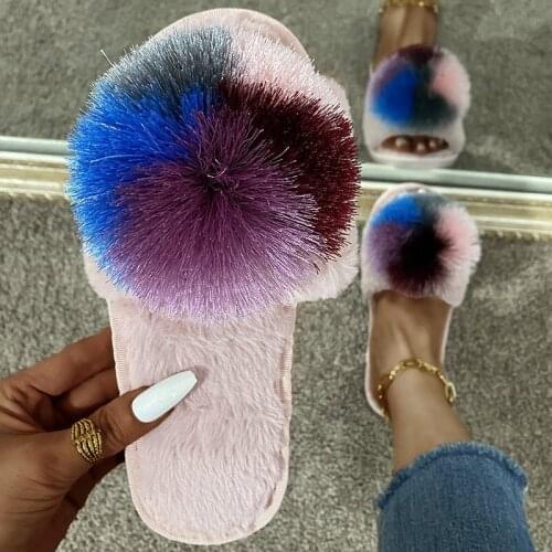 Women Winter New Furry Slippers Flat Home Indoor Slippers Female Comfortable Soft Slides