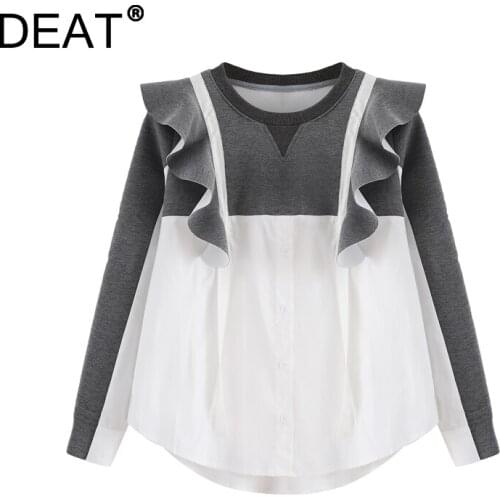 [DEAT] 2021 Autumn New Fashion Tide Pullovers Round Neck Long Sleeve Ruffles Splicing Loose Sweatshirt Women 13Z1644