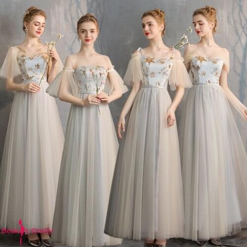 Beauty Emily Sequins Appliques Ruffles O Neck Long Bridesmaid Dresses Pleated Tulle Strapless Lace Up Open Back Wedding Dress