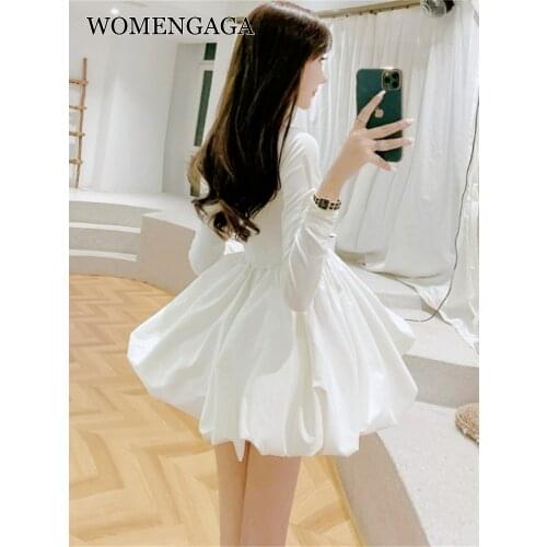 WOMENGAGA Autumn Winter Sweet Lovely Sexy Square Collar Baby Shirt High Waist Flower Bud Fluffy Sexy Mini Dress XV4Q