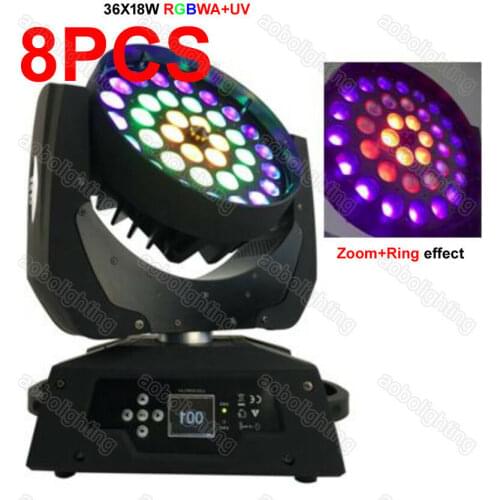 8PCS 36x18W 6in1 RGBWA UV LED moving head Wash Zoom+Ring effect Show Lighting DJ stage lighting disco ball moving head