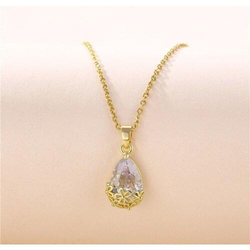 White Zircon Water Drop Pendant Necklace Simple Fashion Gold Color Hollow Small Flower Necklaces For Women Charm Wedding Jewelry