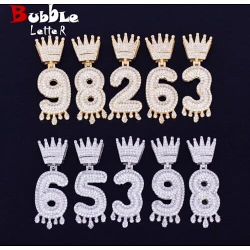 Crown Bail Drip Initials Bubble Number Chain Necklaces & Pendant For Men Women Gold Color Cubic Zircon Hip Hop Jewelry