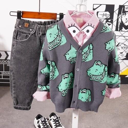 Baby Boys Sets Spring Autumn Kids Outfits Boy Knitted Cardigan + Shirt + Jeans 3pcs/Set Childrens Clothes Suit 2-6Year