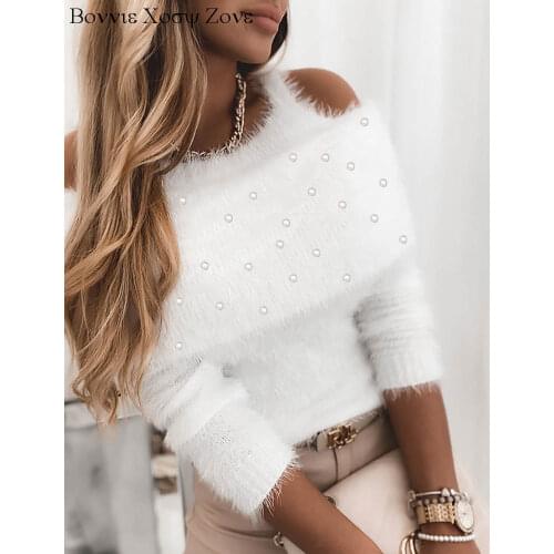Women Long Sleeve Cold Shoulder Beaded Fluffy Sweater Casual Daily Tops