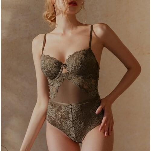 Europe Sexy Lace Bodycon Women Underwear Embroidery Hollow Push Up Bra Set French Beautiful Back Transparent Bodysuit Onesies