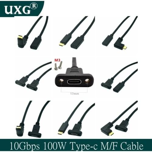 10Gbps 100W 5A PD 4K USB-C USB 3.1 Type C 90 degree right angle Male to Female Extension Data Cable with Panel Mount Screw Hole