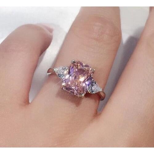 Pure 925 Sterling Silver Square Pink Color Princess Cut Cubic Zirconia Wedding Ring For Women Silver jewelry Valentine Day Gift