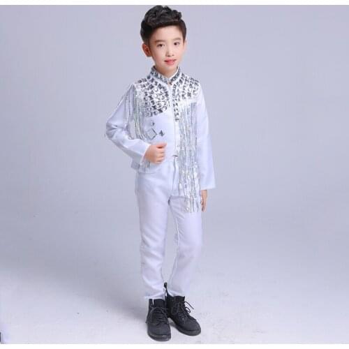 Festival Clothing Boys Modern Dance Costume Sequin Fringe Suit Rave Outfit Drum Singer Performance Clothing Kids Stage Clothes