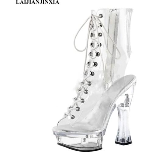 LAIJIANJINXIA New Women Sexy Ankle Boots Waterproof Transparent Platform Small Size 34 Party Club Model Pole Dancing Shoes