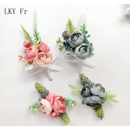 LKY Fr Wedding Pins Boutonniere Corsage Artificial Silk Roses Blue Bridesmaid Bracelet Suit Brooch Flowers Marriage Accessories