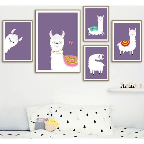 Cartoon Cute Alpaca Poster Purple Posters And Prints Wall Art Canvas Painting Wall Pictures Baby Room Nursery Home Decor