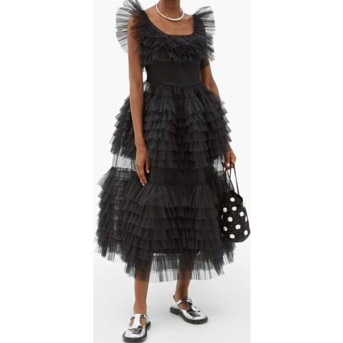 Fashion Black Ankle Length Tulle Womens Dress Ruffles Tiered Hot Pink Women Formal Event Party Dress