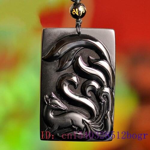 Obsidian Nine Tailed Fox Pendant Fashion Carved Men Black Amulet Jade Necklace Natural Accessories Women Jewelry