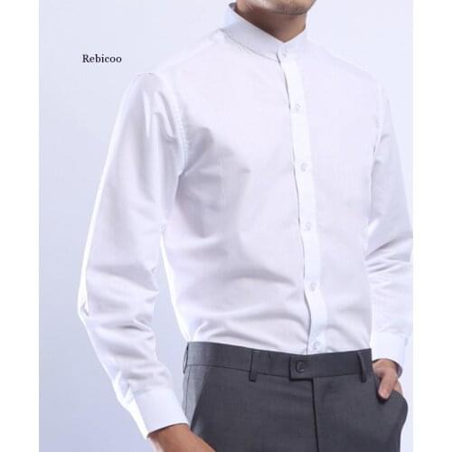 Men Spring Stand Collar White Dress Shirt Long Sleeve New 2021 Chinese Style Single Breasted