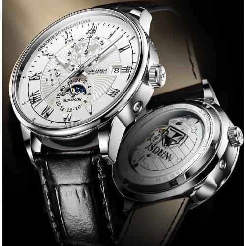 JSDUN Men Mechanical Watch Moon Phase sports Breathable Leather Business Wristwatch Luxury Automatic Watches Montre homme