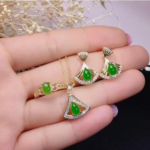 Natural green jasper gem ring Pendant earrings Natural Gemstone Jewelry Set S925 Silver fashion Fan Women girl party jewelry