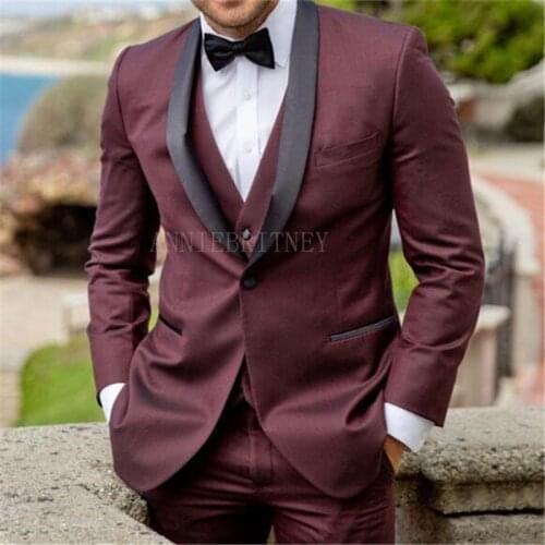 New Burgundy Costume Slim Fit Men Suits Pants Slim Fit Groom Tuxedos for Formal Wedding Suit Jacket Pant Vest 3 Pieces Blazer