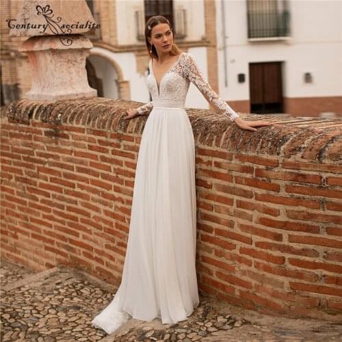 Boho Wedding Dresses Long Sleeve Lace Appliques V-Neck Backless Sweep Train Chiffon Beach Bridal Gowns Vestido De Noiva