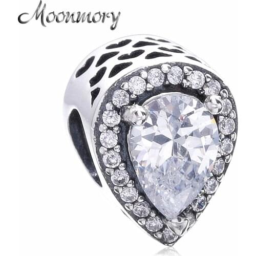 Moonmory Teardrop Shape 925 Sterling Silver Bead Charm With Clear Zircon Fit Brand Bracelet DIY Jewelry Making Bead Accessory