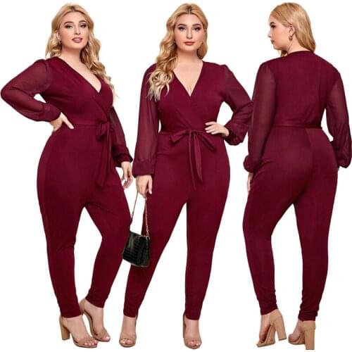 Plus Size Clothing Rompers Womens Jumpsuit Long Sleeve Bodysuit with Lace Up Sexy One Piece Jumpsuit Wholesale Dropshipping
