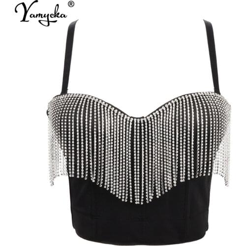 Sexy tassel Rhinestone Black bustier corset crop top women summer halter tank y2k top party night club tube Cropped womens tops