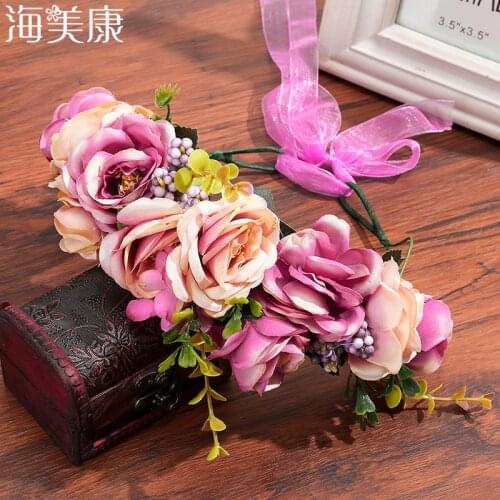 Haimeikang Wedding Flower Crown Bridal Headband Floral Hair Wreath Ribbon Maternity Girl Headwear Hair Accessories For Women