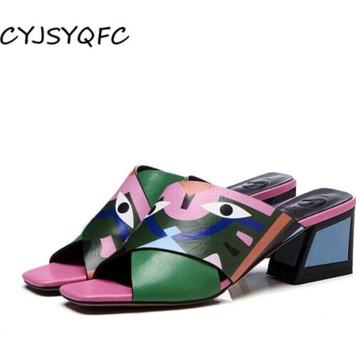 CYJSYQFC Fashion Women High Heels Slippers Real Leather Prints Wedding Party Lady Shoes Fish Mouth Mixed Colors Summer Sandals