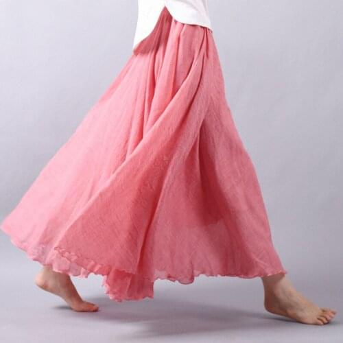 Womens Elegant High Waist Linen Maxi Skirt 2021 Summer Ladies Casual Elastic Waist 2 Layers Skirts saia feminina