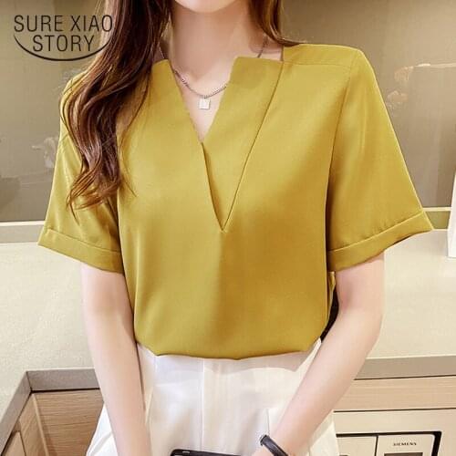 2021 Summer Plus Size Female Clothing Short Sleeve Chiffon Blouse Women Office Lady V Neck Solid Color Women Shirts Blusas 13753