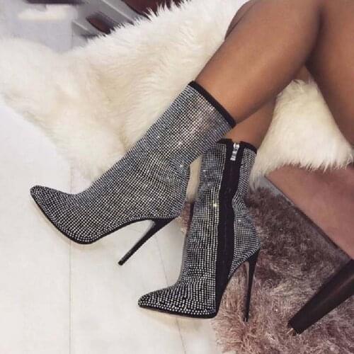 Women Crystal Mid Calf Boots Womens Party Sexy Pointed Toe Shoes Super Thin High Heels Woman Fashion Zip Ladies Pumps Plus Size