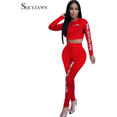 Womens Sexy Bodycon Letter Print Two Piece Jogger Set Long Sleeve Crop Top and Pants Streetwear Sport Matching Tracksuit Outfit