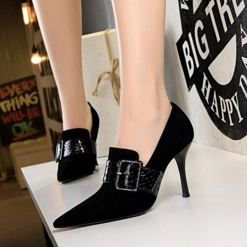 Womens High Heels Suede Sexy Nightclub Look Thin Snake Print Word with Belt Buckle Deep Mouth Single Shoes