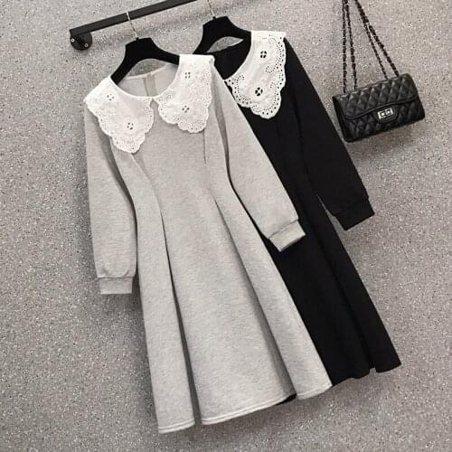 2021 spring autumn Women Hollow embroidery dress Straight Slim A-line dress Solid High Waist Long Sleeve Casual Dresses big 4XL