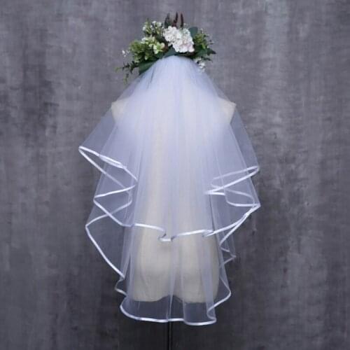 Women Wedding Dress Veil Two Layers Tulle Ribbon Edge Bridal Veils Accessories