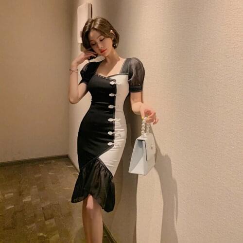 Summer High-end Vacation Dress Square Collar Short Sleeve Mermaid Dress Women Vintage Patchwork Mesh Slim Party Dress Vestidos