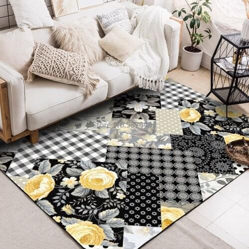 200*300cm Fashion Modern Plaid Black Yellow Big Flower Pattern Stitching Kitchen Living Room Bedroom Bedside Carpet Floor Mat